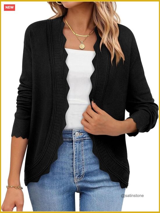 Sweaters - Lightweight Open Front Cardigan - Long Sleeve Knitted Shrug Sweater